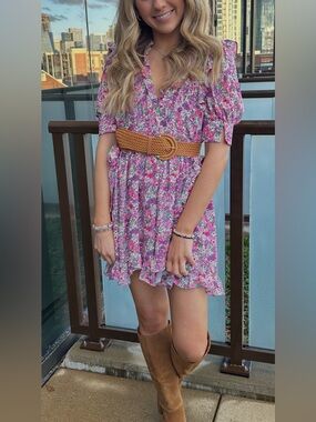 For Love and Lemons Floral Pink Ruffle Dress